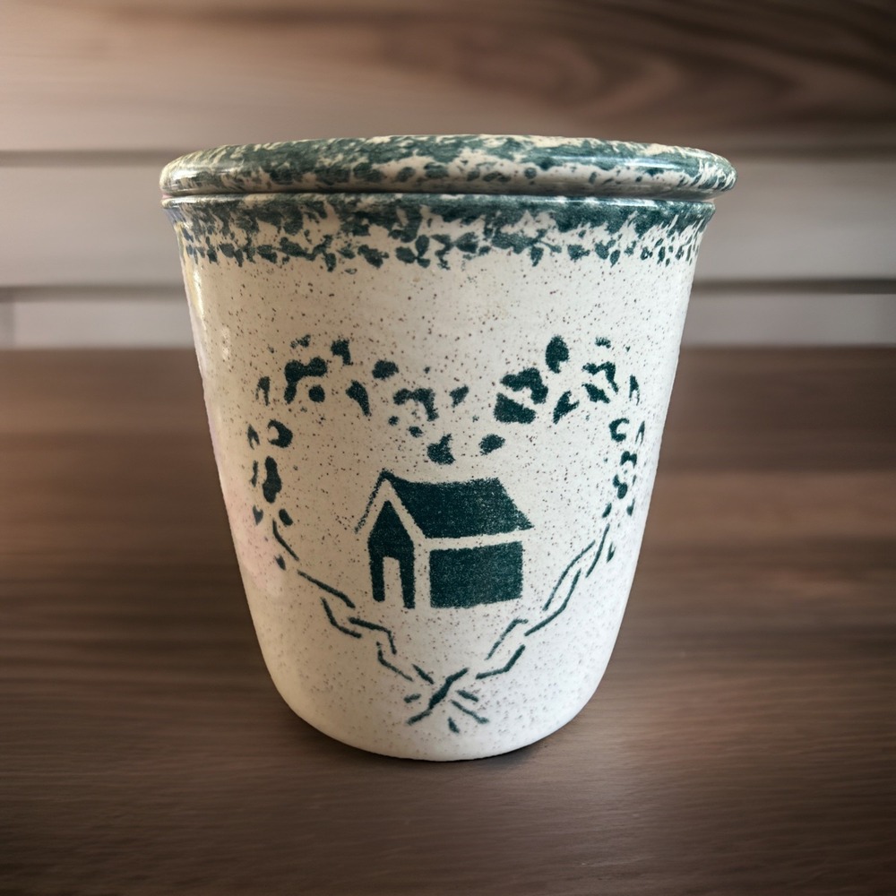 2 Pc Dip Chiller Crock Set Spongeware Pottery Green Heart Farmhouse Cottagecore